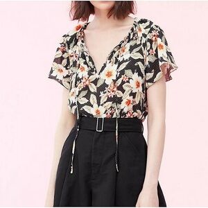 REBECCA TAYLOR $275 KAMEA FLEUR Tie Black Floral Silk Top Shirt Blouse 8